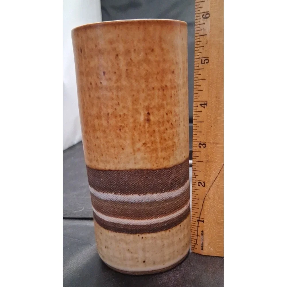 Signed Vintage Studio Pottery Stoneware Vase with Striped Band 5 3/4